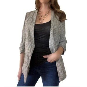Joie Open Front Plaid Blazer Jacket, Black Gray with Metallic Thread | Size Med